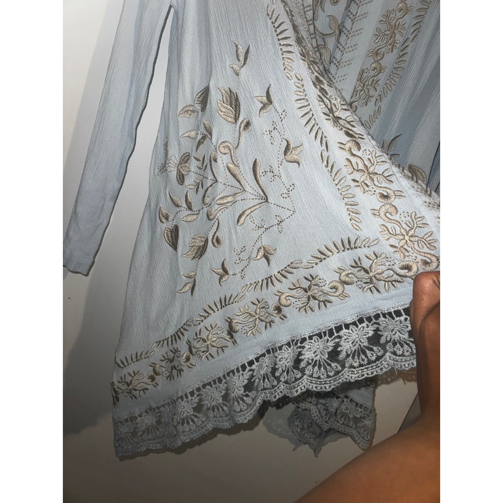 Sundance Embroidered Lace Trim Open Front Cardigan Blue Boho Medium - Picture 5 of 8